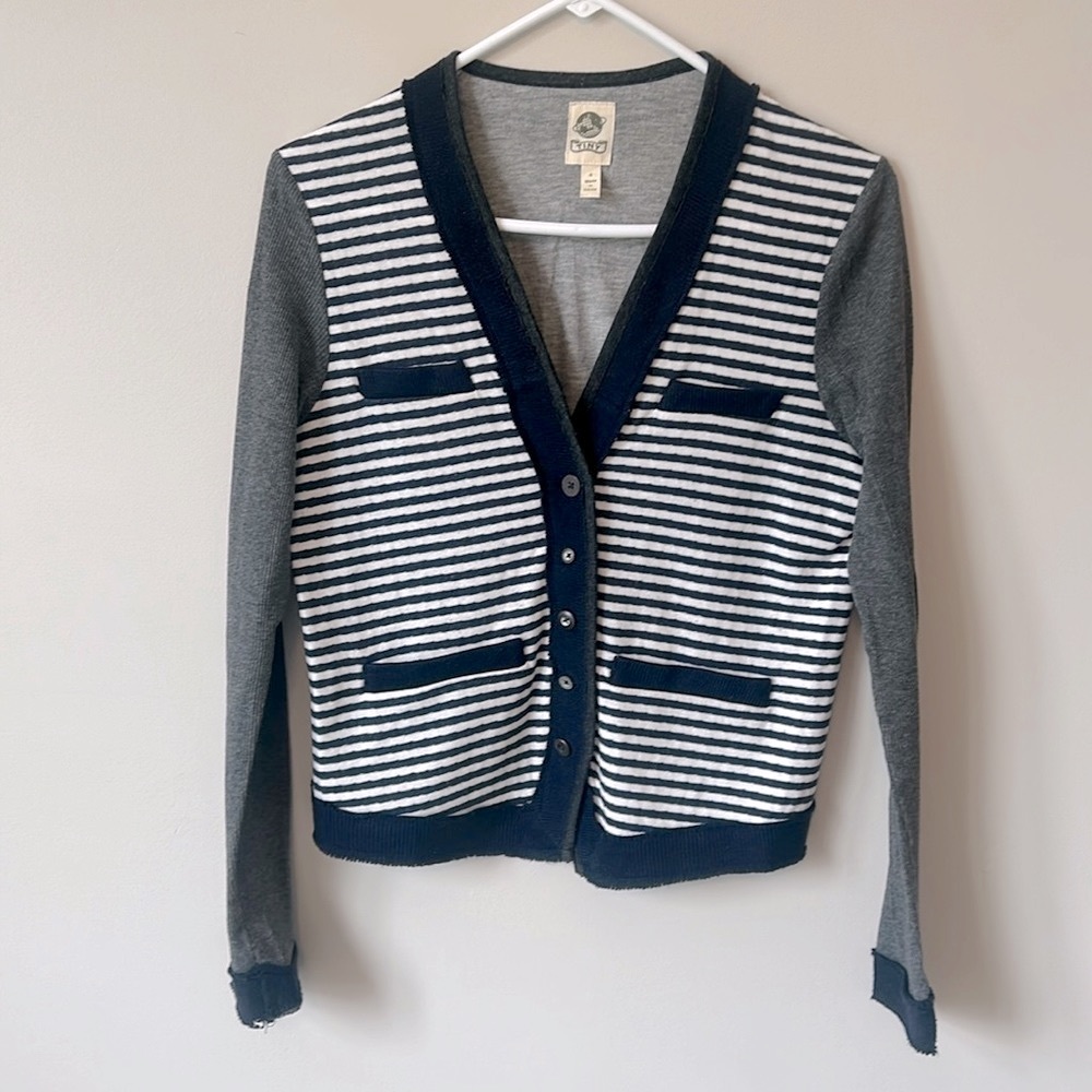 Tiny Knit Cardigan with Navy Stripes, Gray Ribbed Sleeves and Gray Back Size S